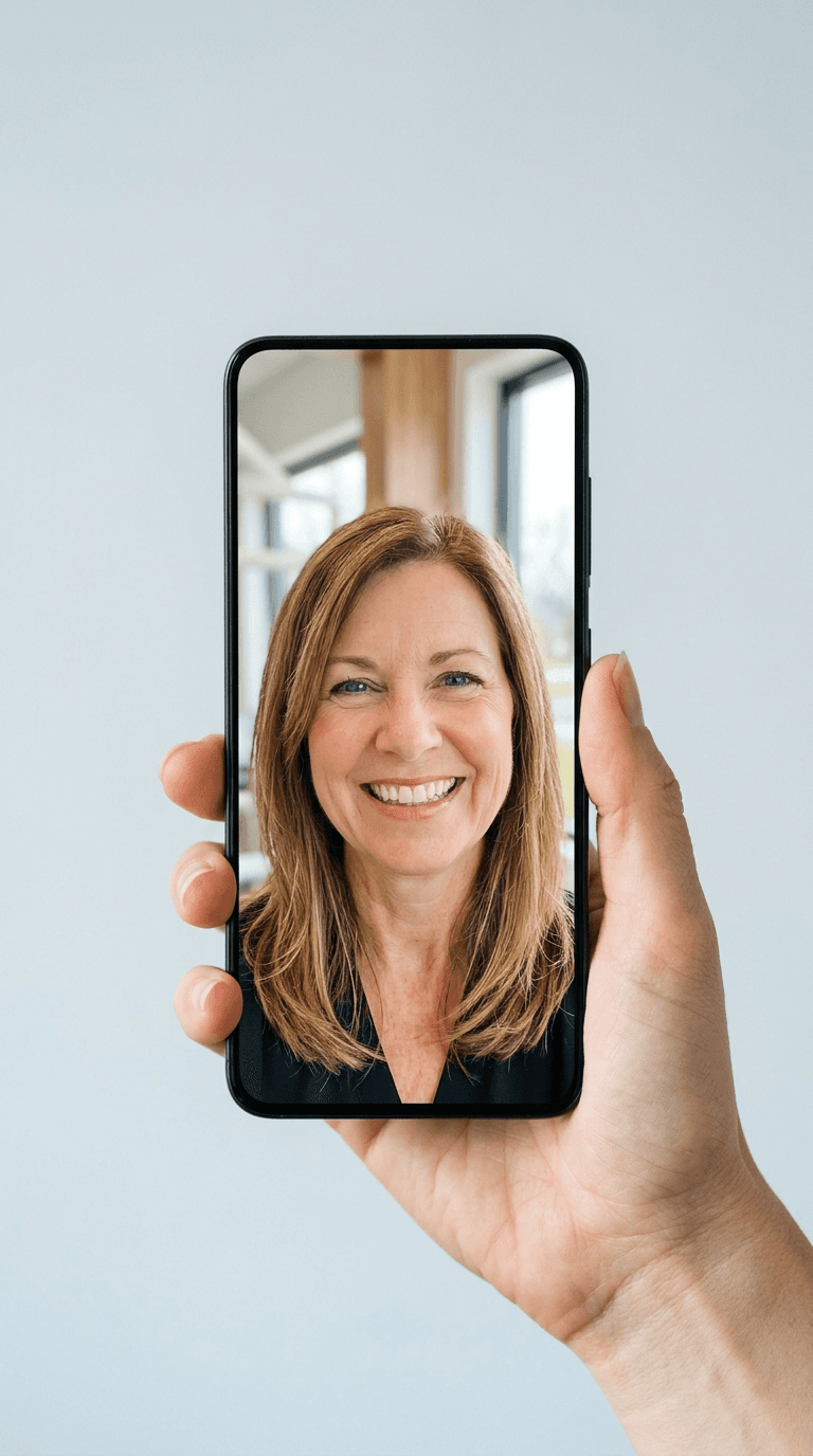 A hand holding a phone showing a smiling selfie framed by a dashed face guide